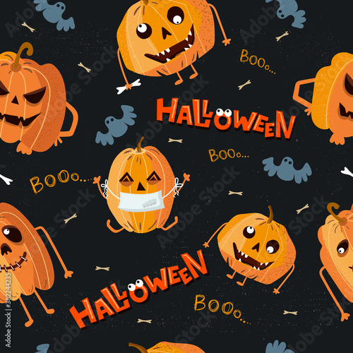 Halloween pumpkin pattern. Pumpkins with different emotions. photo