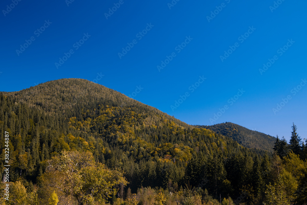autumn mountain landscape October month brown foliage clear weather day scenic view with blue sky background empty