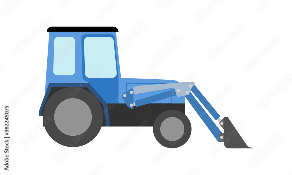 Blue front bucket tractor in flat style. Isolated on white background.