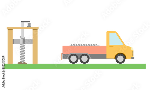 Yellow drilling truck in flat style. Special machine for the construction work. Isolated on white background.