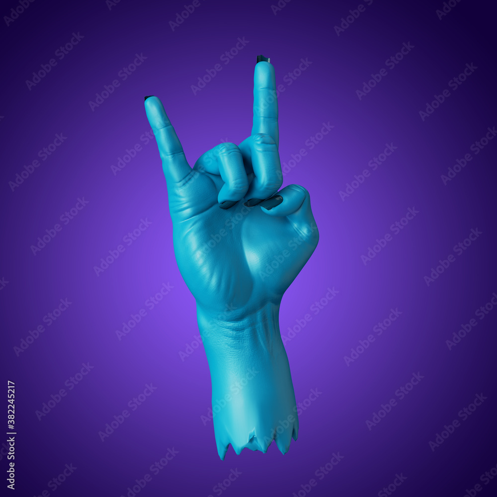 3d render, blue zombie hand rock gesture, Halloween clip art isolated on violet background 3d render, blue zombie hand rock gesture, Halloween clip art isolated on violet background