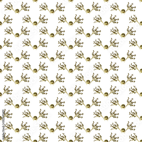 Seamless pattern, decorative golden twigs with balls on a white background.