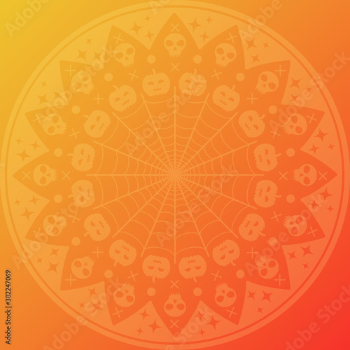 Halloween round mandala card with skulls and pumpkins. Orange to yellow gradient
