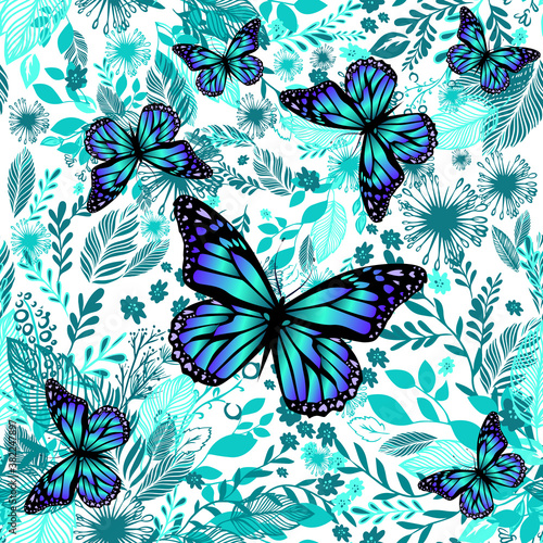 Blue floral background with butterflies. Beautiful background print for fabric. Vector illustration