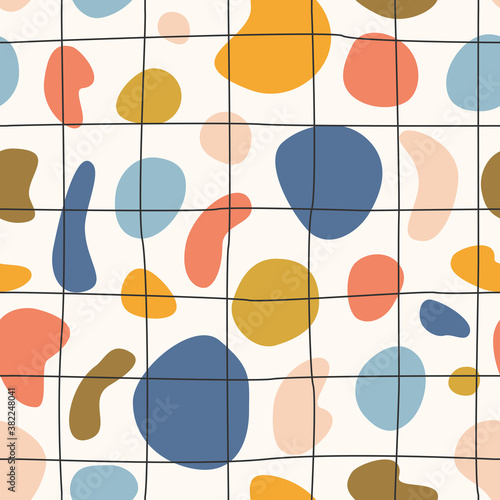 Seamless abstract pattern. Hand drawn various shapes objects with lines abstract contemporary modern trendy vector illustration. Stamp pastel warm color texture background for fabric textile EPS 10 