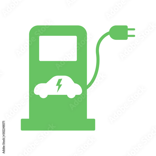 Electric fuel pump station icon. Green charging point for hybrid vehicles cars sign symbol isolated