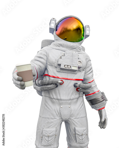 astronaut is holding a coffee cup