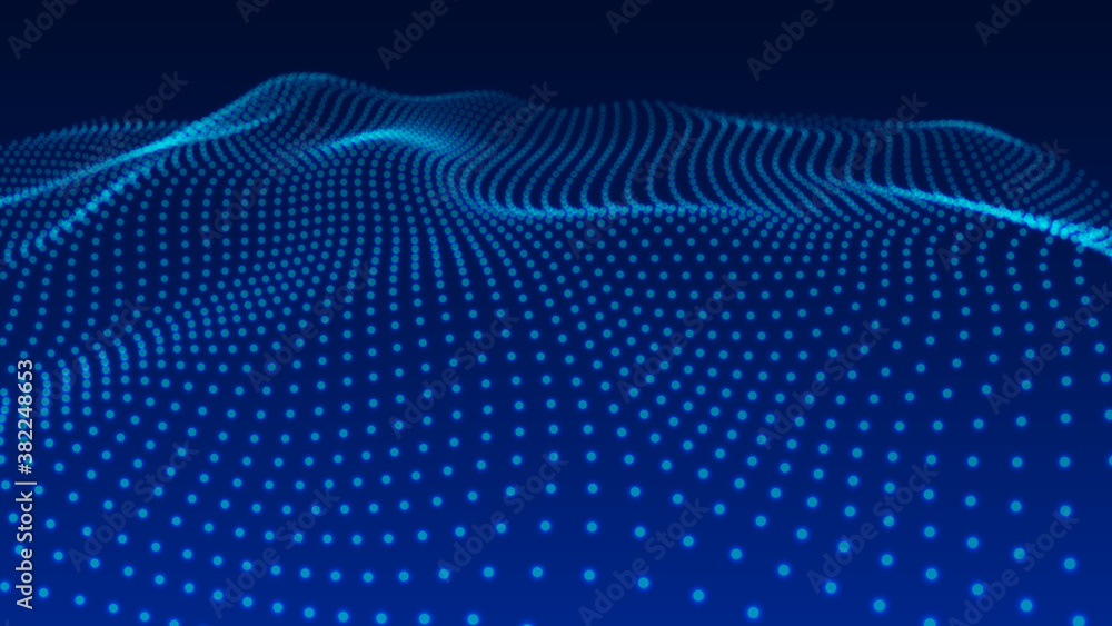Futuristic illustration. 3D glowing abstract digital particles background. Vector wave pattern. Flowing particle.Waves with particles on dark background.