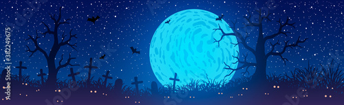 Fototapeta Naklejka Na Ścianę i Meble -  Vector illustration. Halloween. glowing eyes in cemetery on background of full moon.