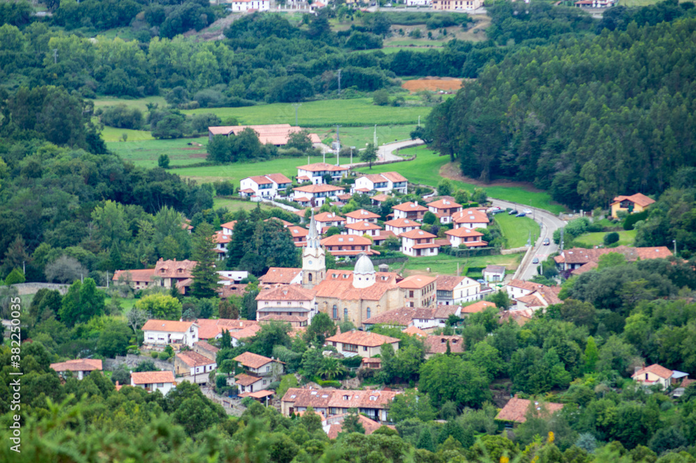Aerial view of a town in Ruiloba, Cantabria, Spain