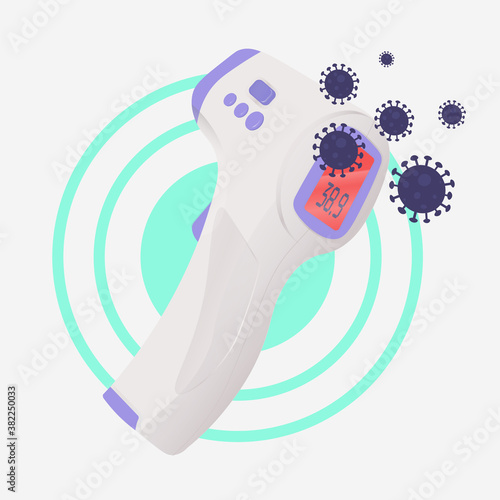 3d Realistic Contactless electronic thermometer for temperature measurement, red danger indicator shows high temperature, with coronavirus molecules. Digital vector illustration.