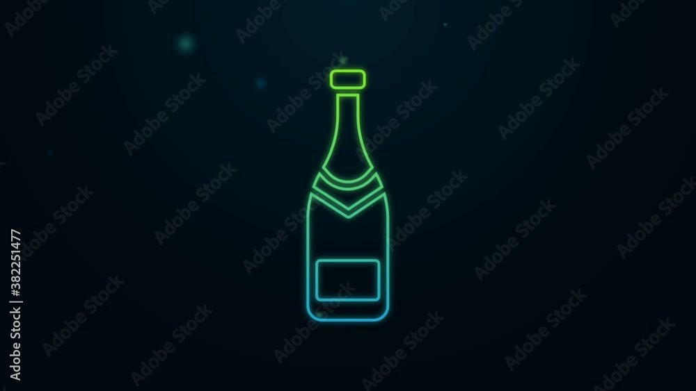 Glowing neon line Champagne bottle icon isolated on black background. 4K Video motion graphic animation Glowing neon line Champagne bottle icon isolated on black background. 4K Video motion graphic animation