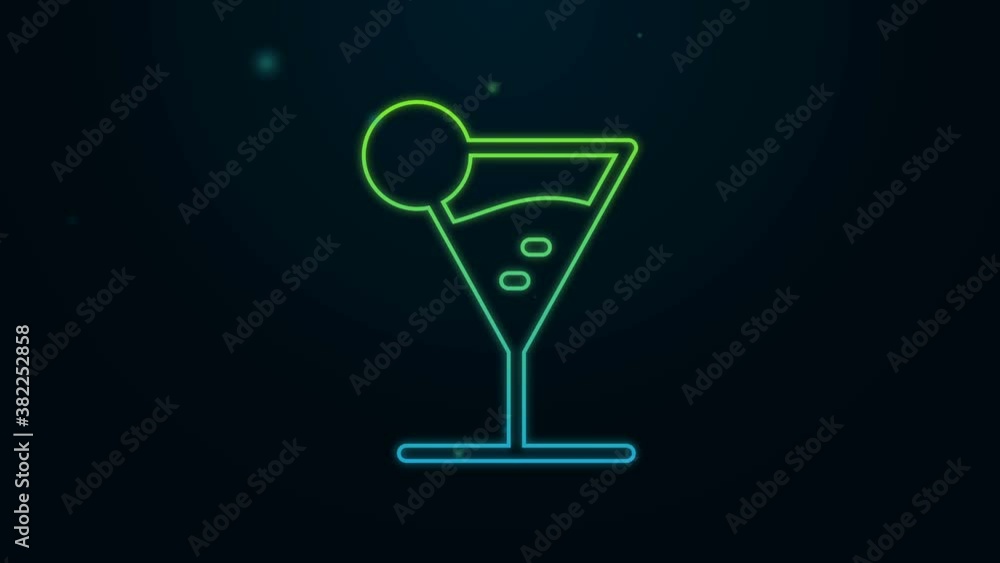 Glowing neon line Martini glass icon isolated on black background. Cocktail icon. Wine glass icon. 4K Video motion graphic animation Glowing neon line Martini glass icon isolated on black background. Cocktail icon. Wine glass icon. 4K Video motion graphic animation