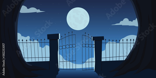 Grave fence background with moon shining at night illustration