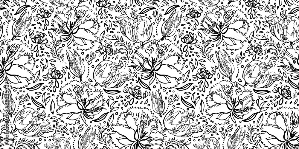 Retro baroque floral line art pattern. Vintage, country style, hand drawn floral bouquet. Line art florals on white background. Elegant nature background. Perfect for home decor, fabric and gift wrap.