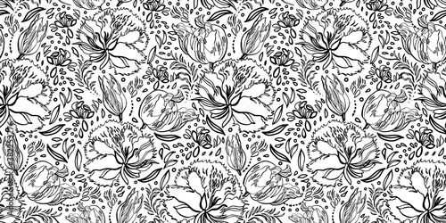 Retro baroque floral line art pattern. Vintage, country style, hand drawn floral bouquet. Line art florals on white background. Elegant nature background. Perfect for home decor, fabric and gift wrap. © Corpholia Design 
