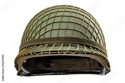 Obraz na płótnie Warfare protective gear and soldier camouflage uniform concept with modern green military helmet isolated on white background with clipping path cutout using the ghost mannequin technique w salonie