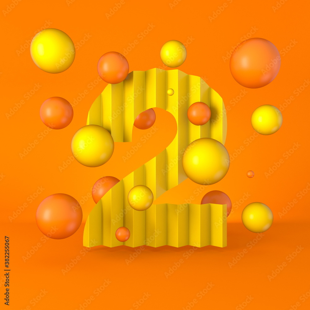 Warm minimal yellow sparkling font Number 2 TWO 3D