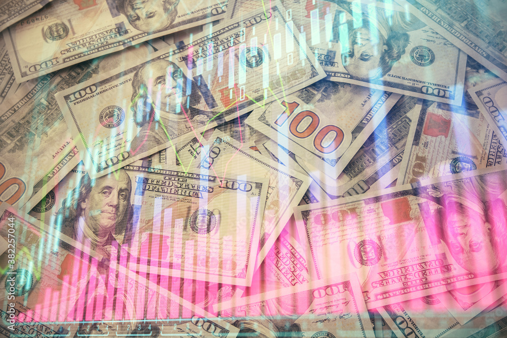 Multi exposure of forex chart drawing over us dollars bill background. Concept of financial success markets. Multi exposure of forex chart drawing over us dollars bill background. Concept of financial success markets.