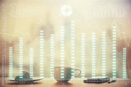 Double exposure of forex chart over coffee cup background in office. Concept of financial analysis and success. © peshkova