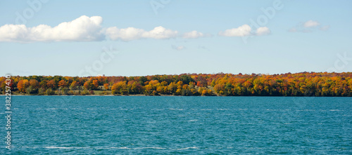 Autumn view of lake on Manitoulin Island, wide angle.