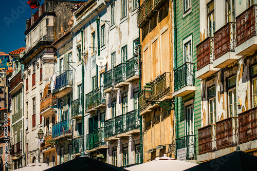 View of the facade of a building in the downtown of Lisbon in Portugal 