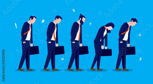 Tired businesspeople - five men and women exhausted from the stress at work. Walking in line with head hanging down. Exhausting work and overworked employees concept. Vector illustration.