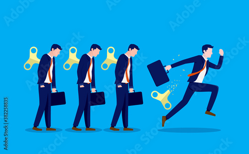 Entrepreneur - Man breaking out of regular work life to start his own business. Break free, independence and take action concept. Vector illustration.