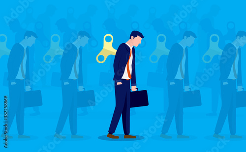 Businessman windup puppet - Man walking meaningless around like a robot. Metaphor for being a work slave, exploited and controlled by big business. Vector illustration.