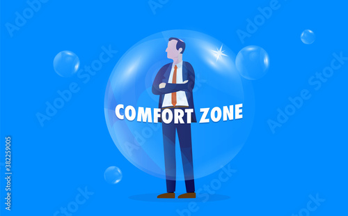 Businessman in comfort zone - Stubborn man standing with folded arms inside bubble. Staying in a comfortable place concept. Vector illustration.