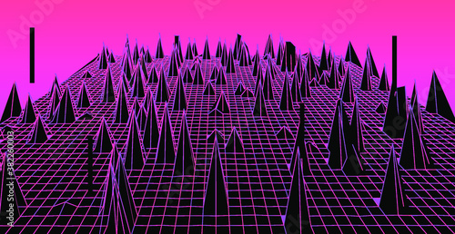 Abstract technology background with warped and distorted laser grid. Vaporwave and synthwave style illustration like in old video arcade games.