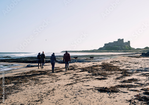 Family and their dogs walking on Bamburgh beach. Northumberland, UK. photo