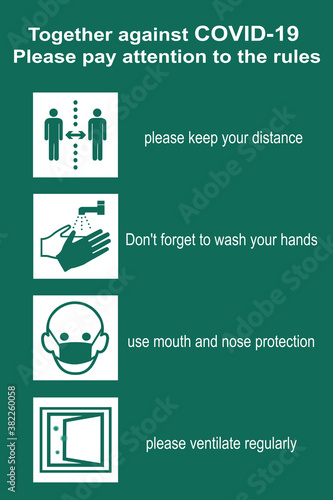 Hinweisschild mit Covid-19 Regeln. Vektor Datei