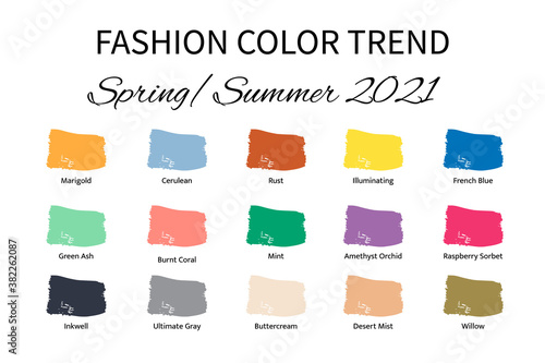 Fashion Color Trend Spring Summer 2021. Trendy colors palette guide. Brush strokes of paint color with names swatches. Easy to edit vector template for your creative designs