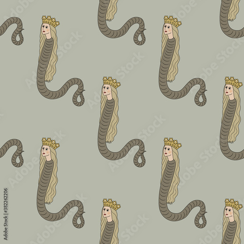 Seamless vintage pattern with fantastic lady snakes. 