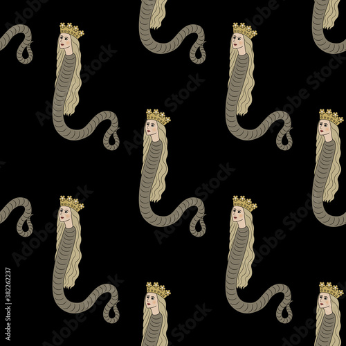 Seamless vintage pattern with fantastic lady snakes.