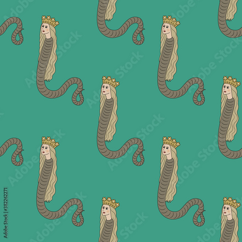 Seamless vintage pattern with fantastic lady snakes. 