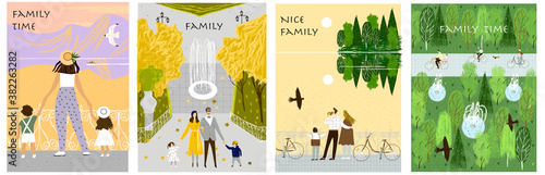 Family. Vector illustration with a family on a walk for print, postcards, website, books, advertising.