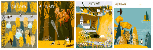 Fall. Set of vector autumn illustrations for postcards, print, design, books, posters.