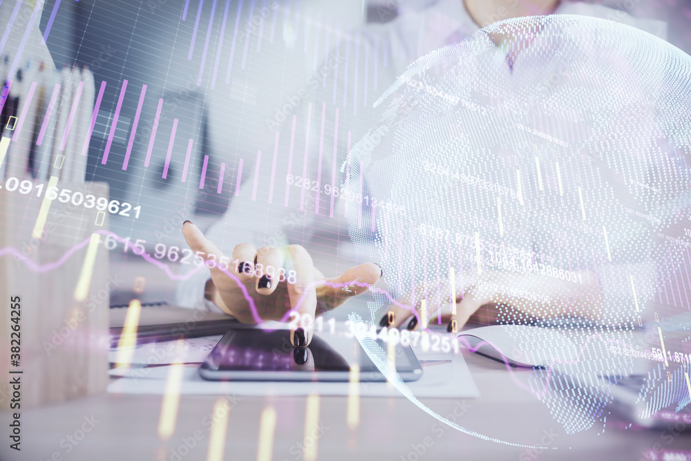 Double exposure of forex chart sketch hologram and woman holding and using a mobile device. Financial market concept. Double exposure of forex chart sketch hologram and woman holding and using a mobile device. Financial market concept.
