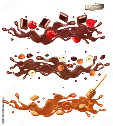 Set of splash of chocolate with whole and sliced cherry, raspberry, almond, nuts and caramel on transparent background. Vector