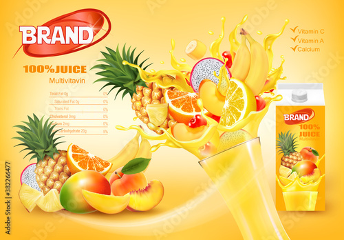 Mulitivitamin juice with fresh exotic fruits and splashing liquid.Whole and sliced pineapple, orange, peach, banana and dragon fruit in a sweet juice with splashes. Vector.