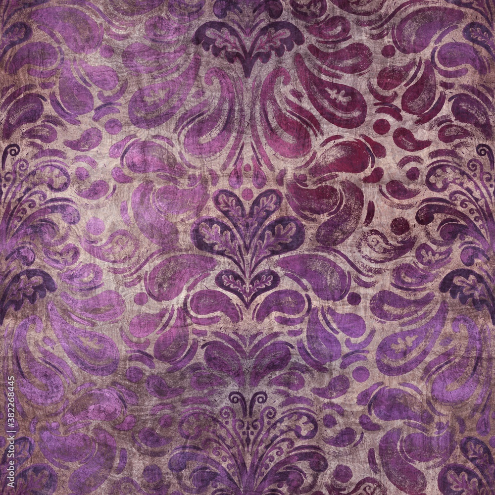 Fototapeta premium Luxury purple and tan damask seamless pattern. High quality illustration. Mysterious and luxurious grape and beige colored ornamental textured pattern swatch. Fancy and glamorous romantic design.