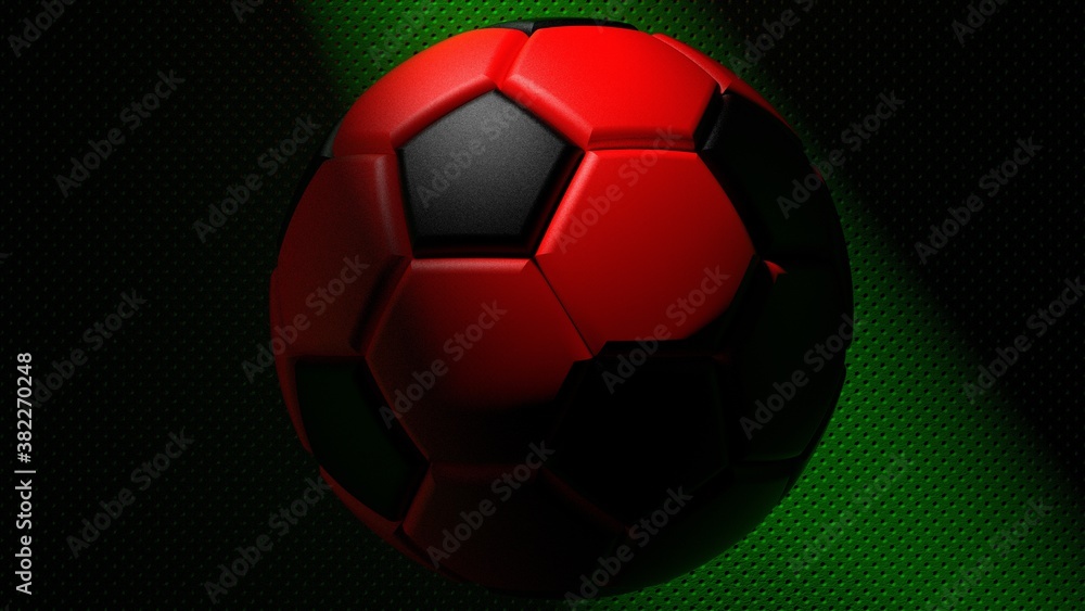 Fototapeta premium Black-Red Soccer ball on the green metallic painted wall under slit light. 3D illustration. 3D CG. 3D high quality rendering.