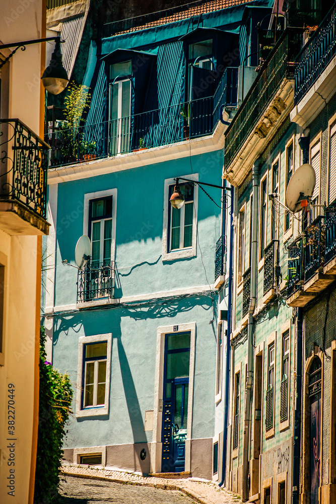 View of the facade of a building in the downtown of Lisbon in Portugal
