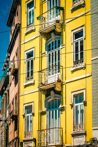 View of the facade of a building in the downtown of Lisbon in Portugal 