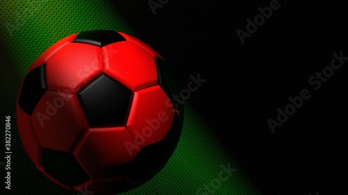 Black-Red Soccer ball on the green metallic painted wall under slit light. 3D illustration. 3D CG. 3D high quality rendering.