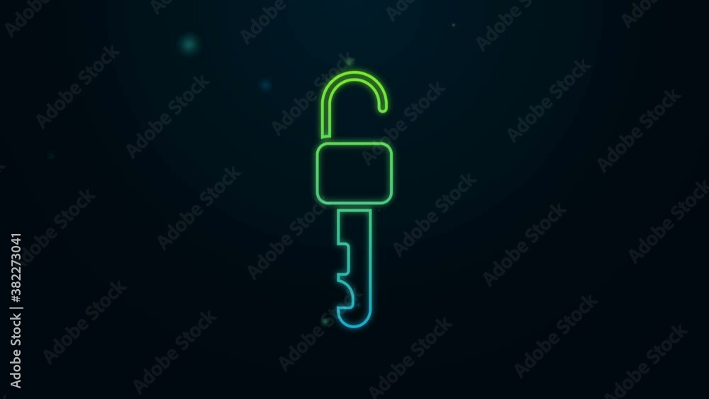 Glowing neon line Unlocked key icon isolated on black background. 4K Video motion graphic animation Glowing neon line Unlocked key icon isolated on black background. 4K Video motion graphic animation