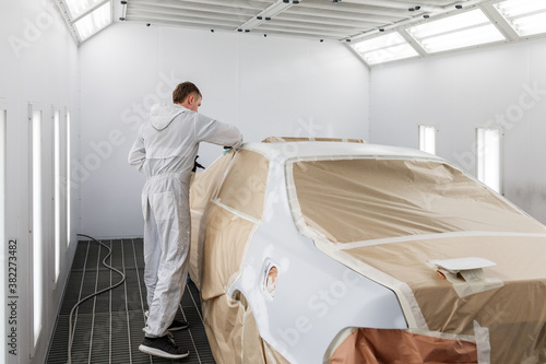 Mechanic preparing car for painting photo