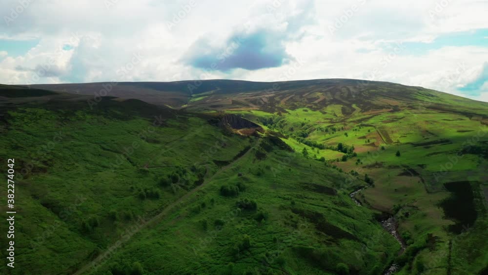 Aerial landscape of a mountain valley, with stream running in middle, bright sunny day. Aerial landscape of a mountain valley, with stream running in middle, bright sunny day.